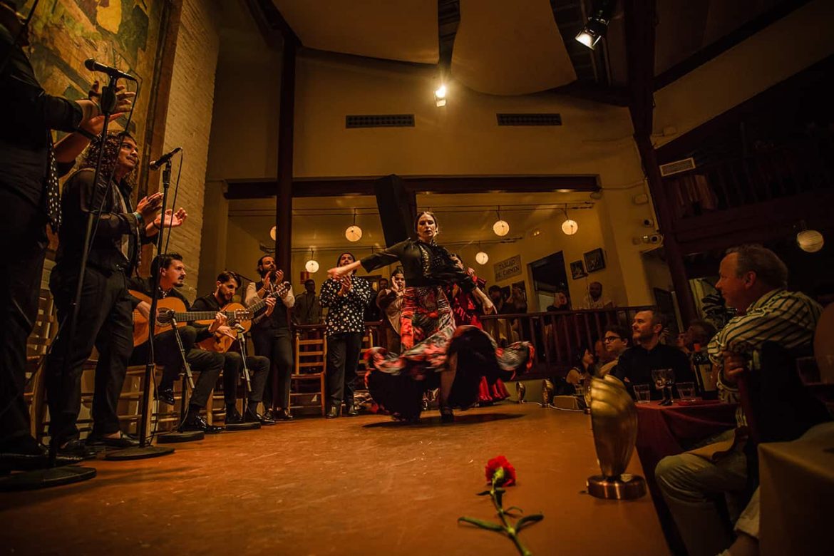 Vue artistique d'une scène de danse avec une fleur rouge au premier plan durant un flamenco show barcelona