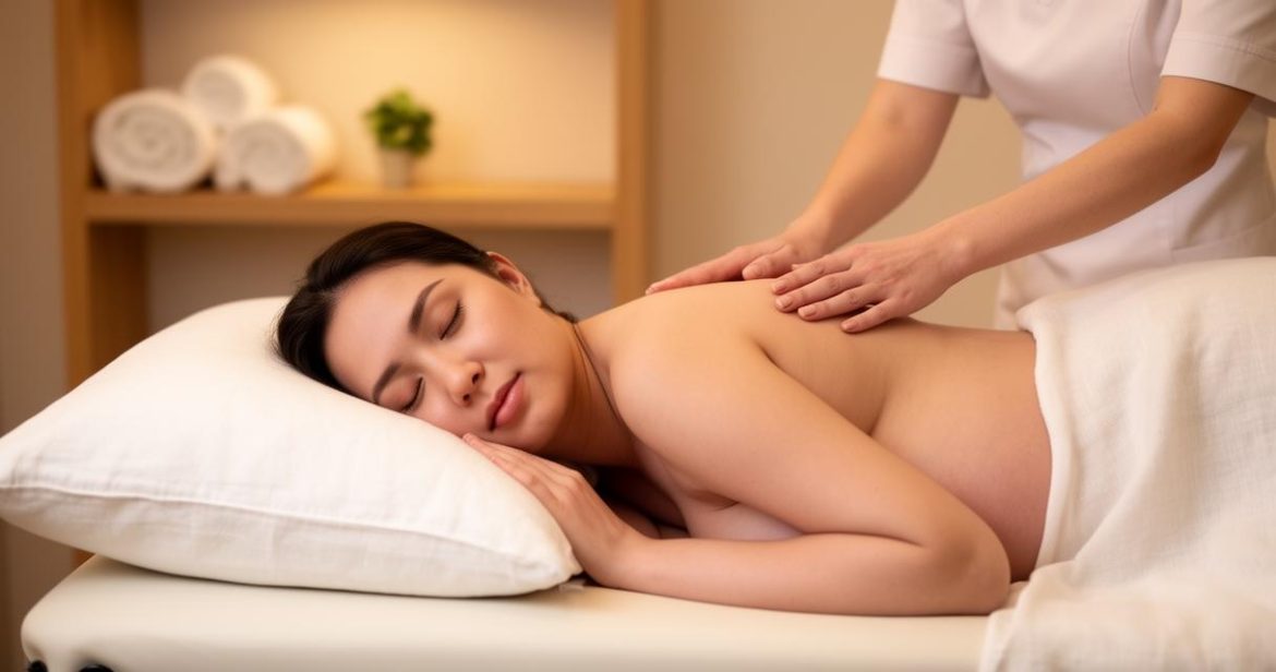 Une femme enceinte, allongée et détendue sur le ventre dans un spa, reçoit un massage doux du dos par une thérapeute expérimentée pour des massages prénatals.