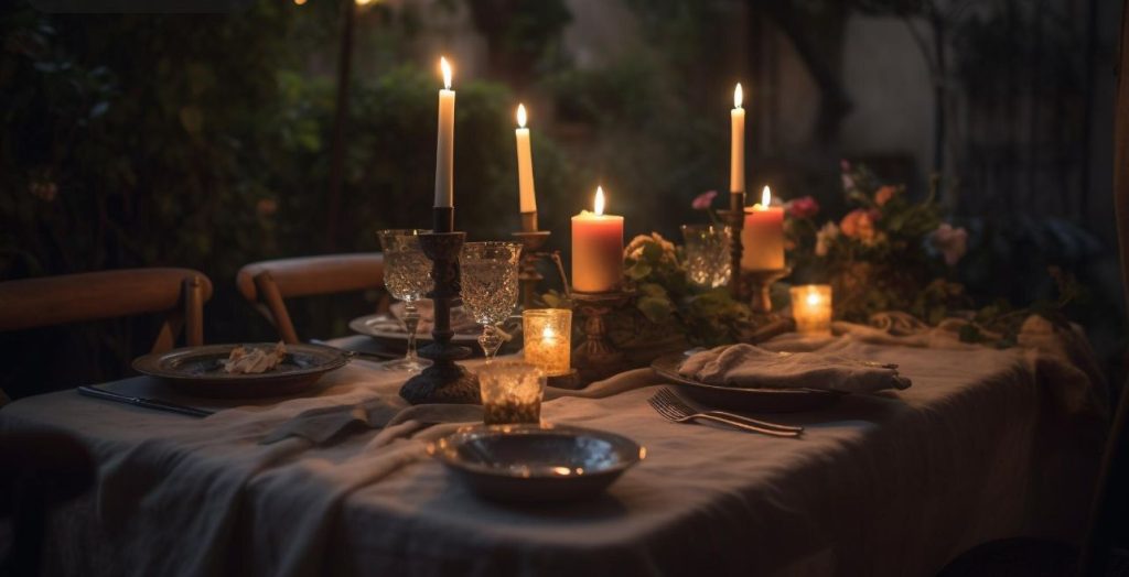 Table de réception rustique éclairée aux chandelles pour organiser un mariage a theme original en soirée